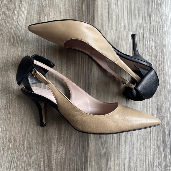 Kate Spade Bow Slingback Pump Heels Made in Italy Nude & Black Bow 6 B Jax - Picture 1 of 7